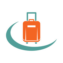 Orange suitcase with teal accents and curved graphic element luggage travel