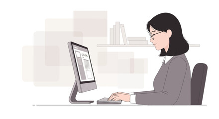 Woman Working on a Computer in a Minimalist Style, Focusing on Task Management and Data