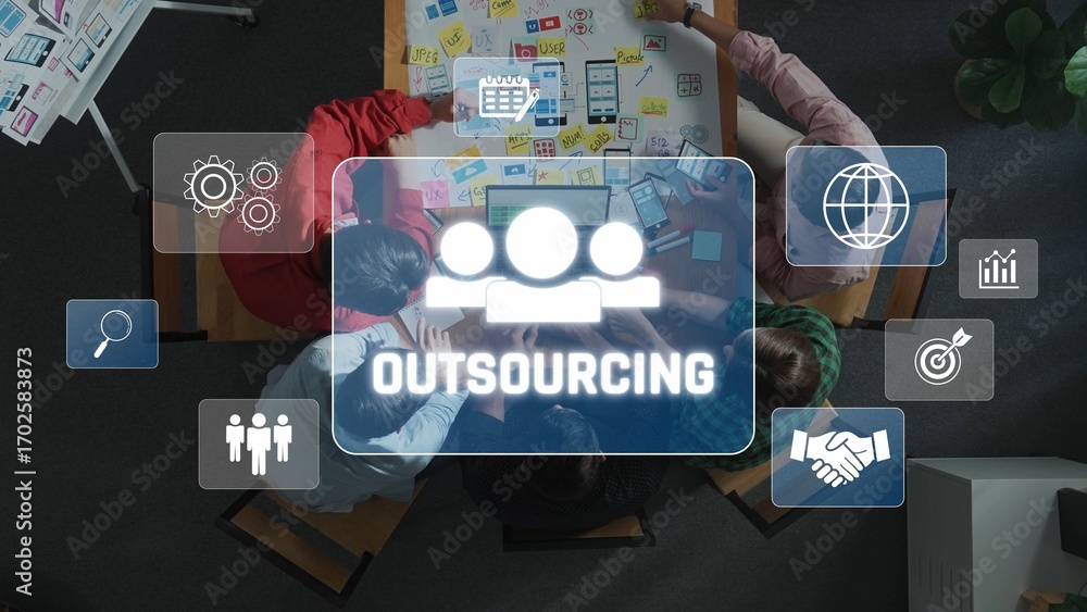 Aufkleber a diverse team collaborates over a meeting table, discussing outsourcing strategies with visual icon