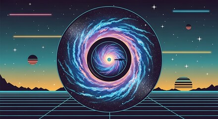 Synthwave art of a spaceship entering a swirling cosmic wormhole above a digital grid landscape.