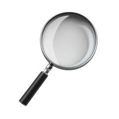 A realistic 3D rendering of a classic magnifying glass with a black handle and metal rim isolated on a transparent background PNG no background