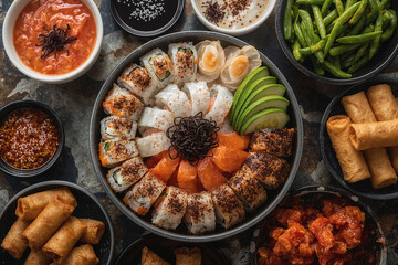 Overhead shot of a colorful sushi platter with spring rolls, various sauces, and fresh ingredients, showcasing a vibrant spread of asian cuisine