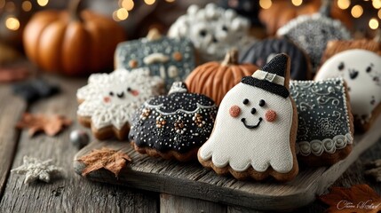 Halloween Gingerbread Cookies on Wooden Table