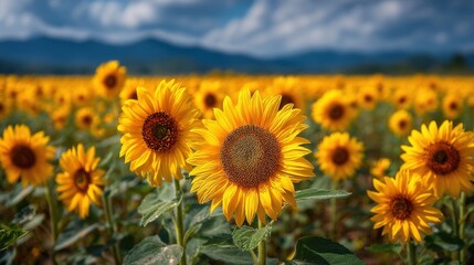 Fototapeta premium A vibrant field of sunflowers under a partly cloudy sky, bright yellow petals with rich brown centers,