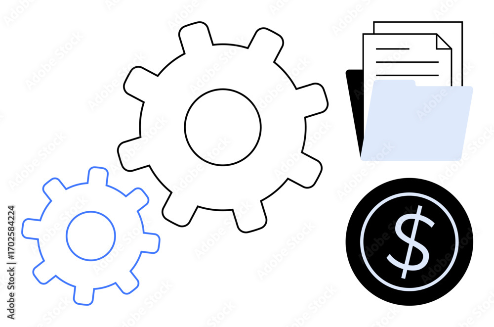 Poster interconnected gears, file folder with documents, and a dollar sign circle emphasize productivity, p