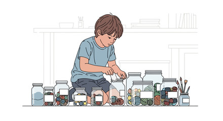 Young Boy Organizing Colorful Craft Supplies, Arts And Imagination In Glass Jars