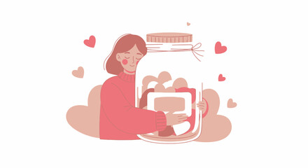Woman Embracing a Jar of Hearts, Symbolizing Affection, Charity, and Emotional Well-being