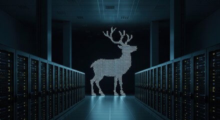 A Digital Stag Illuminates a Futuristic Data Center Amidst Server Racks Casting an Ethereal Glow on the Coldly Lit Hallway