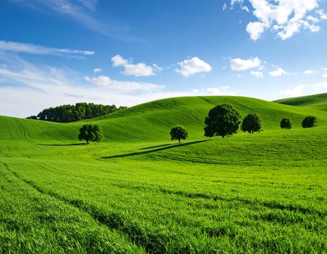 Lush green fields and rolling hills under a vibrant sky