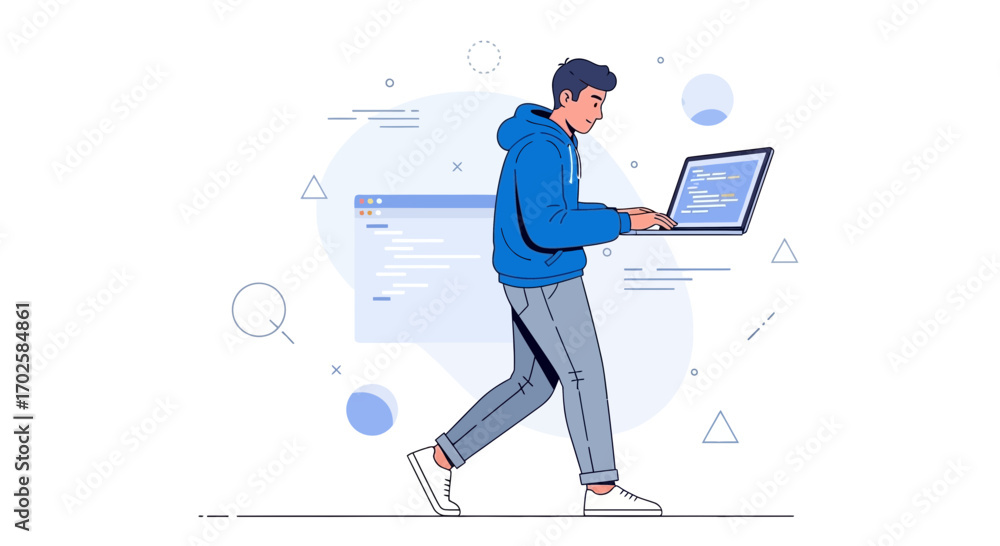 Wall mural young coder walking, engrossed in coding on a laptop, illustrative, vector graphic