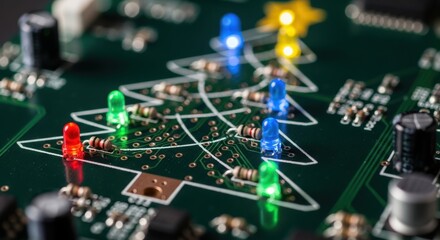 A Festive Electronic Circuit Board Decorated Like a Christmas Tree With Colorful LED Lights Offering a Unique Holiday Greeting