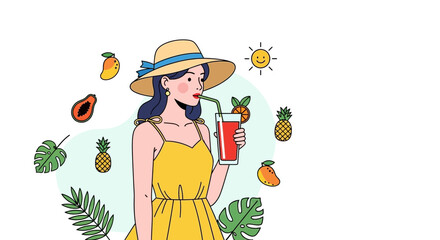 Woman Enjoying Tropical Drink Under Sunny Skies A Vibrant Summer Aesthetic Illustration