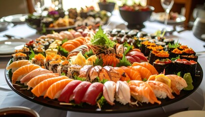 Large, colorful platter of sushi with various rolls and nigiri, arranged artfully on a table, capturing a vibrant feast
