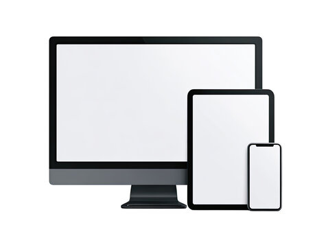 Digital devices monitor, tablet, phone.  Blank screens.  Dark gray/black frames.  Layered.  3D mockup