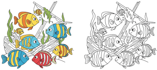 Colorful Tropical Fish and Underwater Scene - A Delightful Cartoon Illustration Perfect for Children's Books and Educational Materials