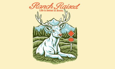 etro illustration of a white deer in a mountain meadow. Ranch Raised artwork for a t-shirt print