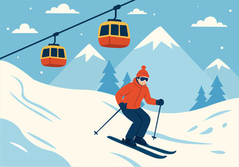 Snow-Covered Mountains with Active Skiers and Cable Car Ride