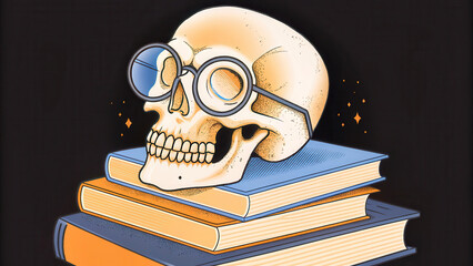 Skeleton librarian with books in Halloween concept. A skull with glasses rests on colorful books, symbolizing knowledge and learning.