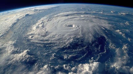 Aerial view of a powerful hurricane with a distinct eye surrounded by swirling clouds,