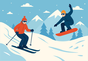 Winter Fun on the Ski Resort Slopes with Snowboarders, Skiers, and Funicular Lift