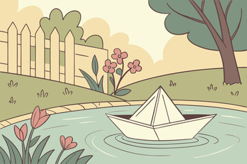 Vector art of a serene scene of a paper boat floating on a pond surrounded by lush greenery, flowers, and a quaint fence, evoking childhood memories and peaceful summer days