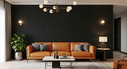 Modern living room interior design with brown leather sofa, black wall paneling, and stylish lighting, creating a cozy and sophisticated atmosphere for relaxation and entertainment