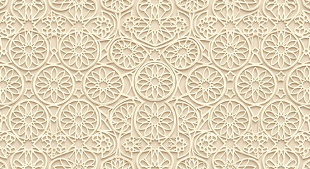 Elegant seamless 3D vector pattern with floral and circular motifs in beige tones, ideal for wallpaper, textile, or digital design.
