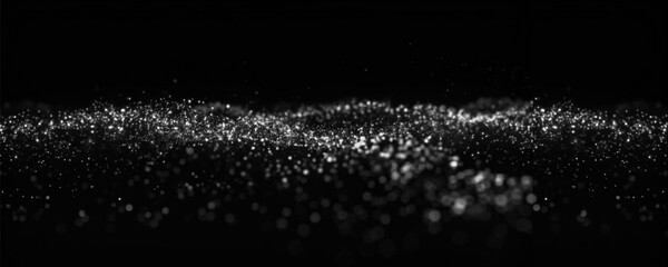 Glitter particles wave on black background. Shiny dust with bokeh light effect, luxury abstract festive design. PNG, sparkle, magic