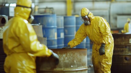 Workers in protective gear manage hazardous materials in an industrial setting, ensuring safety and compliance