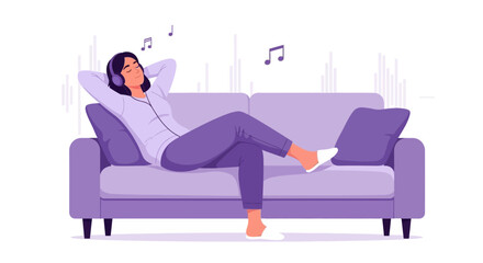 Woman Relaxing And Listening To Music On A Comfortable Couch In A Peaceful Setting