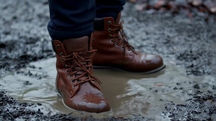 Brown leather boots wading through a muddy puddle - Powered by Adobe