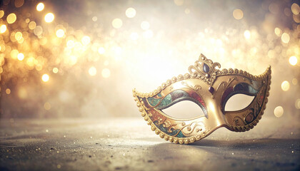 Naklejka premium Purim Mask Silhouette Against Golden Bokeh Lights. Purim Jewish Festival. Generated Image