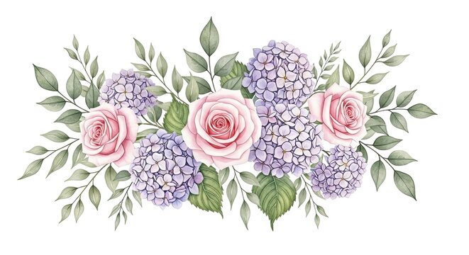 Photo of watercolor floral arrangement with pink roses, purple hydrangea, and green leaves isolated on white background for wedding invitation - Powered by Adobe
