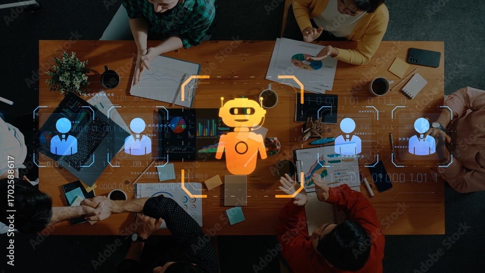 Aufkleber a modern workspace showcasing a diverse group of professionals collaborating through technology and 