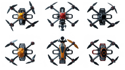 Collection of six different drones isolated on transparent background