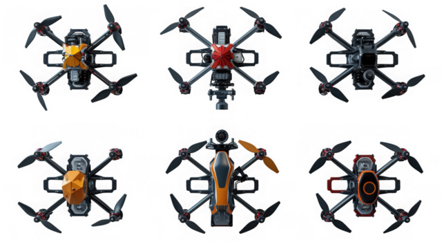 Collection of six different drones isolated on transparent background