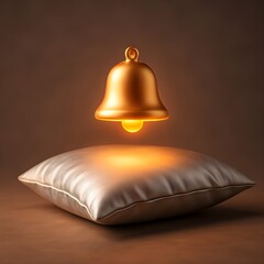 A soft, luxurious satin pillow sits as a plush pedestal while a glowing notification bell gently floats above it &mdash; a premium, minimalist alert concept perfect for app icons, brand assets