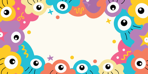 Whimsical and colorful cartoon monster border with big eyes and playful shapes on a cream background