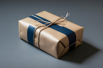 Minimalist Photograph of Gift Wrapped in Brown Kraft Paper with Dark Blue Stripe and Twine Tie on Dark Grey Background