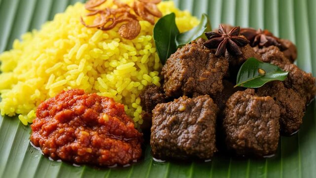 Delicious Rendang beef served with fragrant yellow rice and spicy sambal