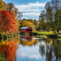 Obraz premium Scenic autumn covered bridge across calm river with colorful forest image