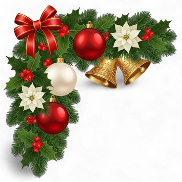Christmas corner decoration with ornaments and bells isolated on transparent background