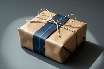 Minimalist Photograph of Gift Wrapped in Brown Kraft Paper with Dark Blue Stripe and Twine Tie on Dark Grey Background