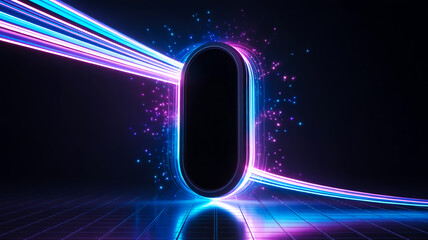 “Futuristic digital art, black void space, vibrant neon streaks, blue-purple-pink light trails, radiant tunnel effect