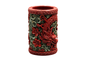 Antique chinese carved cinnabar lacquer brush pot isolated on transparent background isolated on a transparent background