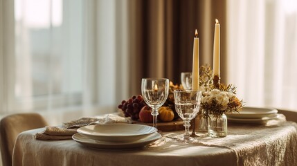 Arrange a refined autumn table setting with candles and fresh floral accents, ideal for Thanksgiving or a harvest feast. Bring warmth and elegance to your celebration with this beautiful seasonal