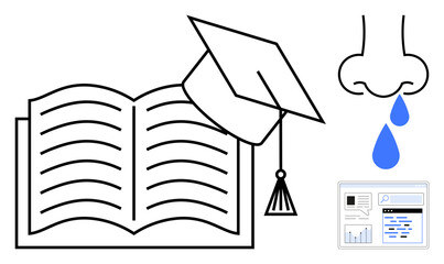 Open book with graduation cap, dripping nose, and web search icon. Ideal for education, learning, knowledge, health awareness, online research, academic studies simple landing page