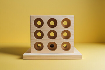 Minimalist Wooden Object with Square Base and Circular Holes on Bright Yellow Background, Geometric Modern Still Life Photography