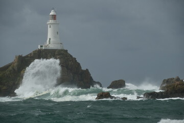 La Corbiere point ,Jersey, U.K. The first coastal Autumn storms from the Atlantic Ocean.