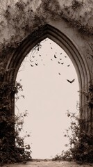 Dramatic Gothic Arch With Bats And Vines, Sepia Tone, Perfect For Halloween Or Dark Fantasy Designs. A Gothic Archway Frames A Sky Filled With Bats And Draped In Vines.
